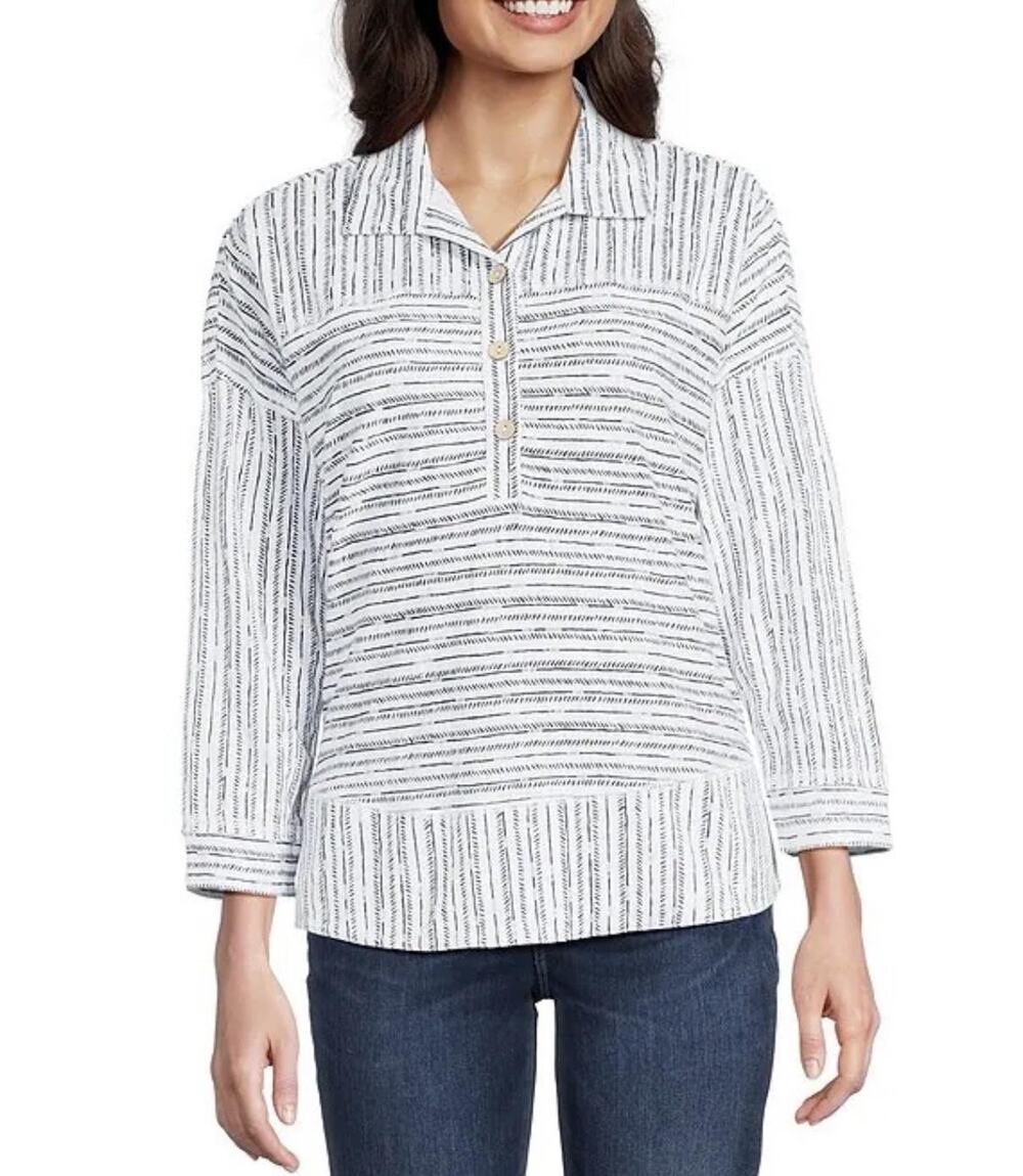 Ali Miles Blouse Womens Small White Navy Stripe 3/4 Sleeve Tunic Cotton Top